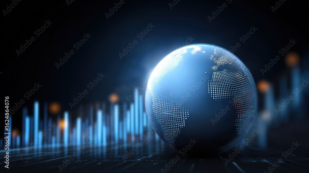 Poster global network: a captivating representation of the earth, overlaid with dynamic data visualizations