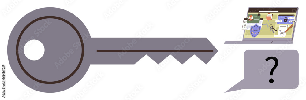 Poster large key next to a laptop screen with security icons and a speech bubble containing a question mark