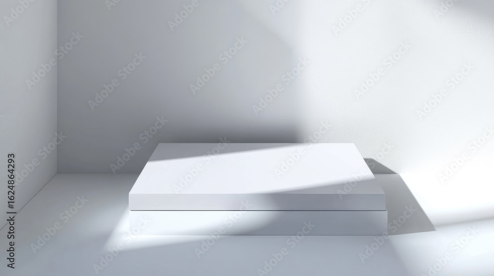 Poster minimalist white platform display mockup: clean product presentation in bright studio setting