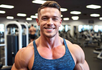 Fototapeta premium Portrait of a happy over-muscled man in a gym with copy space