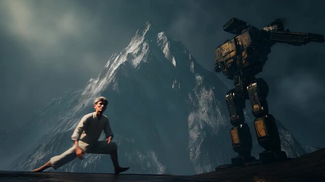 Confrontation: A figure facing a massive mecha in a scene of conflict, with dramatic lighting, a sense of scale, and a hint of science fiction.