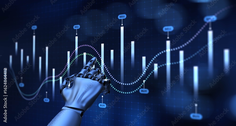Poster robotic financial trading visualization with predictive market analysis. 3d render.