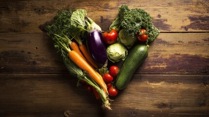 Heart-shaped vegetable display on timber, ideal for school nutrition programs, food blogs, eco-branding, and farmers market promotions
