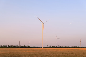 Wind turbines and power lines are visible in a golden field under a pastel sky with the moon in the background.