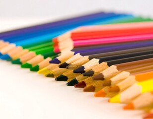 Obraz premium A vibrant collection of sharpened colored pencils arranged in a neat wave pattern, isolated on a clean white background.