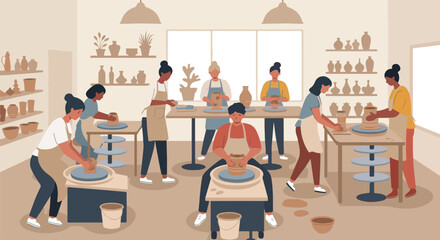 Pottery Class People making pots on wheels in studio with shelves of ceramics