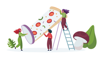 People constructing a large pizza slice with toppings, ladder, mushroom and leaves around them