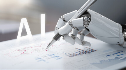 Robot Arm Holding Pen to Analyze AI Data Charts, Demonstrating Intelligent Data Analysis and Tech Application Scenario