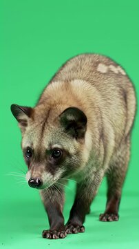 Asian Palm Civet (Paradoxurus hermaphroditus) walking on a vibrant green studio background, showcasing its unique fur patterns and curious, alert e...