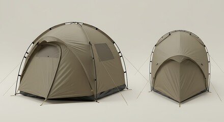 Modern dome tent for camping and outdoor adventures, isolated on a neutral studio background with two views