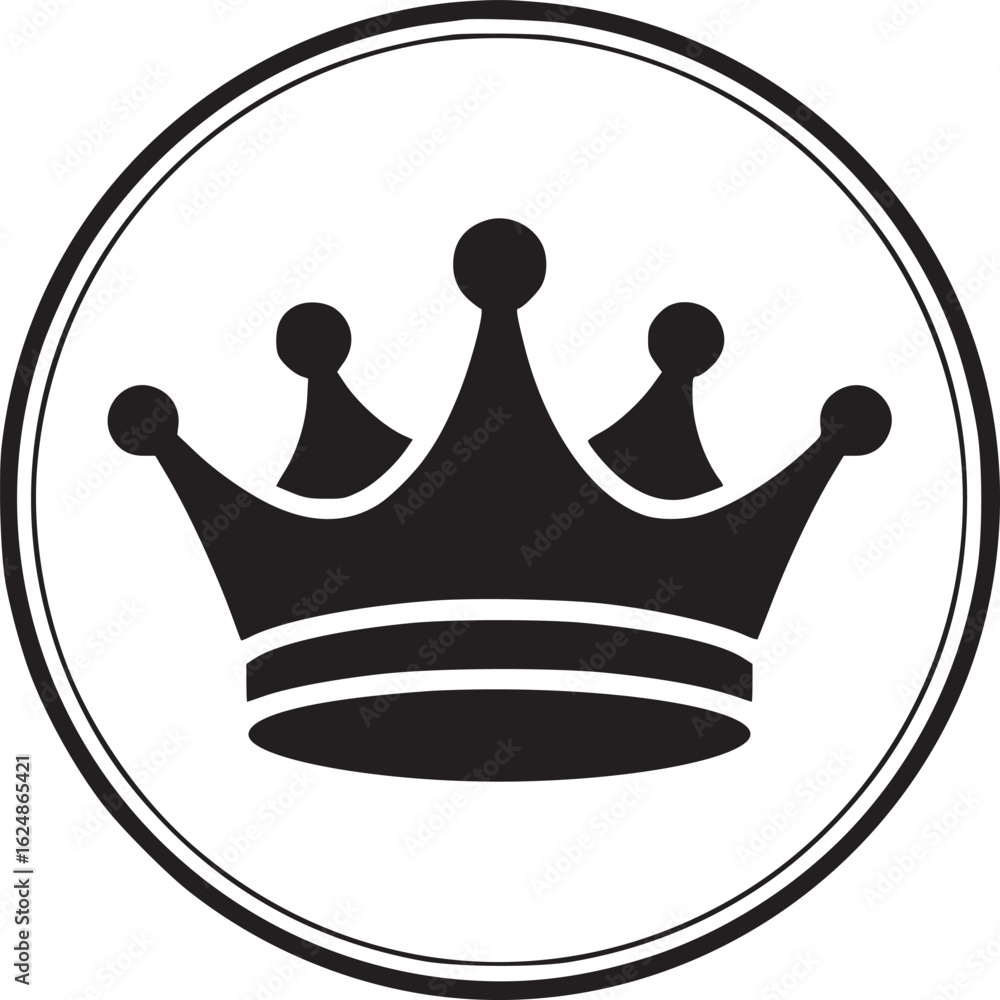 Poster a black crown with five points inside a black circle on a white background in a simple design