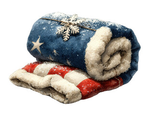 Cozy patriotic blanket rolls with watercolor texture featuring stars and stripes, perfect for winter holidays on transparent background.