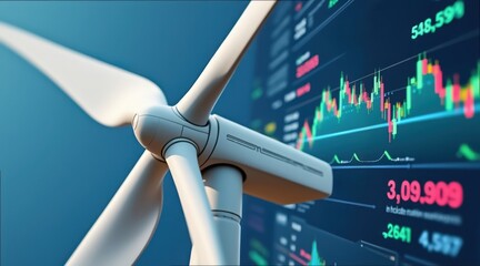 Wind Turbine Blade with Stock Market Data Visualization Background
