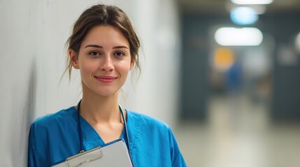 Smiling Healthcare Professional: A kind and confident healthcare professional stands gracefully in a corridor, holding a clipboard while sharing a genuine smile.