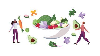 People presenting a large salad bowl with vegetables and puzzle pieces floating around them