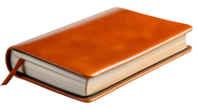 A close up studio shot of a closed orange notebook with a bookmark against a black background