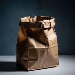 Crinkled brown paper bag standing on a table with dark background