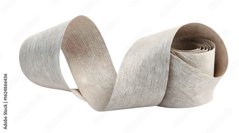 Poster A textured beige roll of material uncurling against a dark background in a studio setting with soft light
