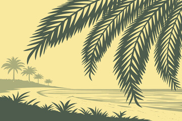 Illustration of a tropical beach with palm trees and fronds in the foreground on a sunny day scene