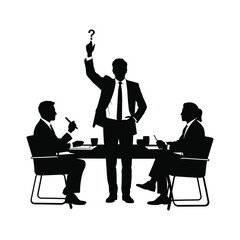 Business meeting with a leader holding a question mark symbol