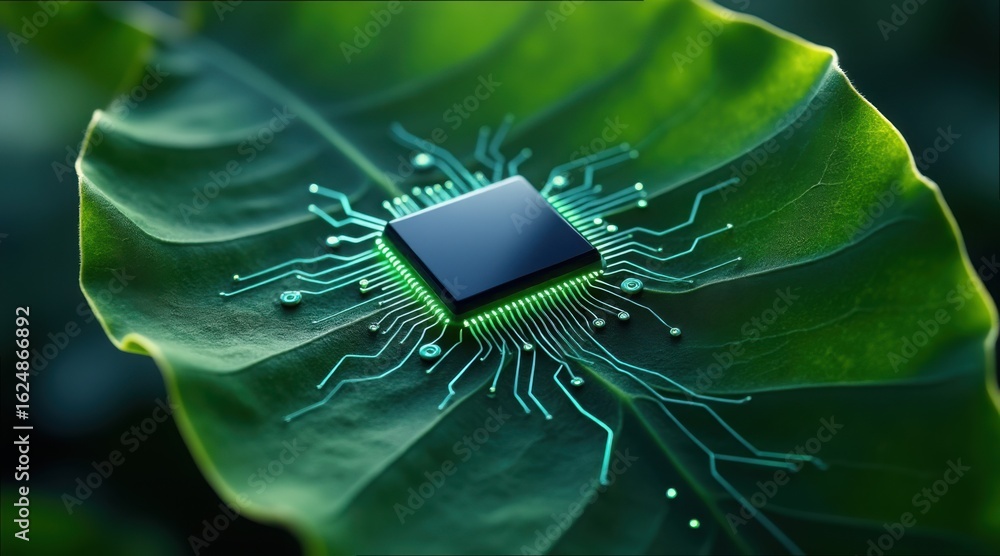 Poster microchip embedded in green leaf with circuit design elements