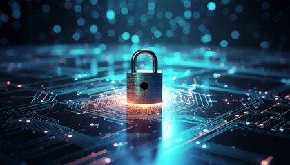 A digital padlock stands at the center of a circuit-like background, symbolizing cybersecurity and data protection in a futuristic setting.