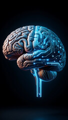 3D medical illustration of a human brain with intelligence and mind elements, showing anatomy and neurology through a blue abstract x-ray concept, AI generated	