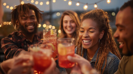 A dynamic shot of friends enjoying apéritifs: a jovial gathering with champagne, bia hoi, and liqueurs over light-hearted chat around a cheerful table.