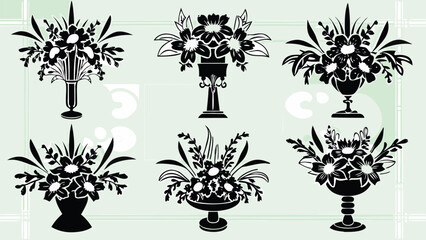 Silhouette of six flower arrangements in vases with various styles and floral designs displayed elegantly