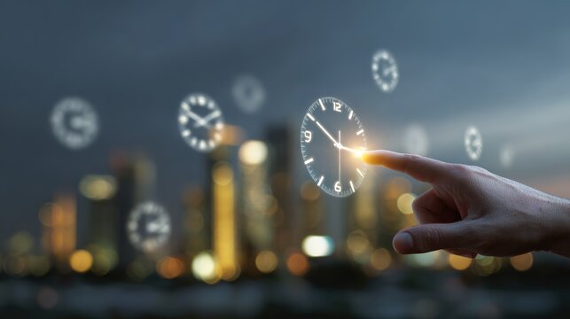 Time Touch: A person's finger delicately touches a digital clock, symbolizing time management, punctuality, and deadlines within a futuristic urban cityscape.