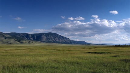 Fototapeta premium A vast green meadow stretches under a bright blue sky with scattered clouds, bordered by distant mountains on the horizon.