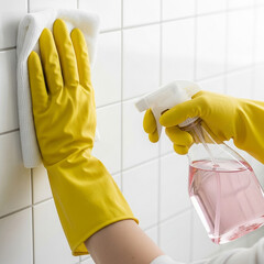 Yellow gloved hands cleaning tiled wall with spray bottle and sponge