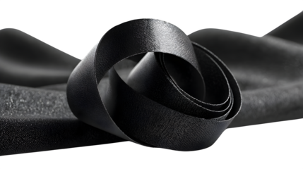 A monochrome close up of a curled textured ribbon on a textured surface in a dark environment