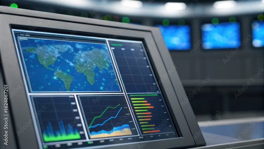 Poster high-tech satellite data display on screen in control room setting
