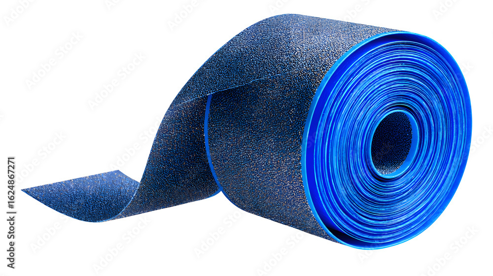 Poster a roll of blue textured material unrolling against a dark backdrop in a studio setting image