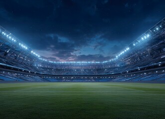 3D illustration of an empty soccer stadium with green grass and blue sky, front view, nighttime, lights on the stands. 