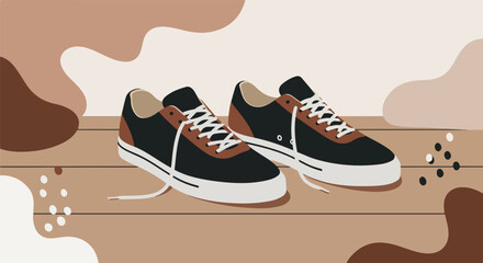 Shoes standing on wooden floor with abstract shapes in background for sale or poster