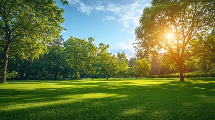 Obraz premium Vibrant green lawn and trees natural landscape in summer