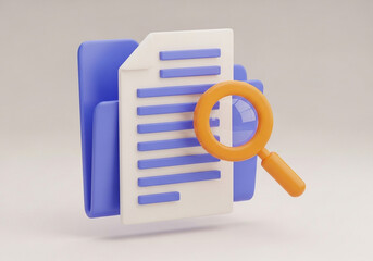 3d illustration of a folder with document and magnifying glass symbolizing search and analysis