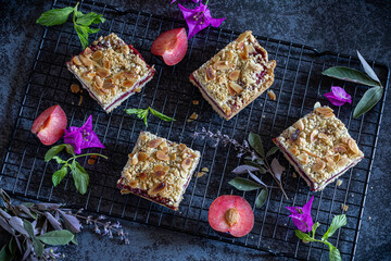 Plum pie with almond shortcrust pastry.