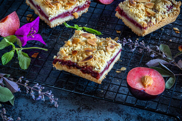 Plum pie with almond shortcrust pastry.