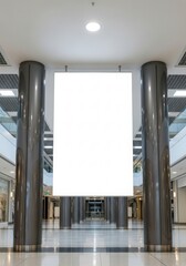 Blank Advertisement Billboard Mockup Hanging in Shopping Mall, Empty White Space for Promotional Content, Retail Marketing
