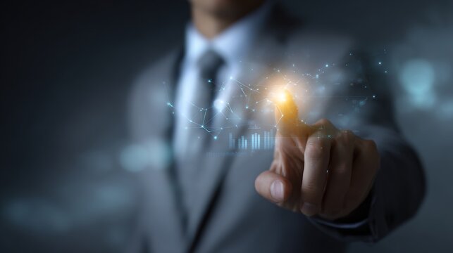 Visionary Touch: A man's finger, illuminated by a golden spark, symbolizes innovation and progress, a touchstone of forward-thinking technology and a symbol of digital transformation. 