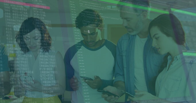 Reviewing six developers debugging projected code on glass wall at office, with smartphones tablets