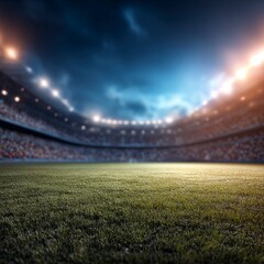 Fototapeta premium 3D illustration of an empty professional soccer stadium with a blue sky and lights, and a grass field. The background is a blurred crowd in the stands. The scene should convey intense .