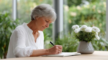 A senior woman writes in a notebook while sitting at a table, surrounded by greenery and a vase of white flowers.