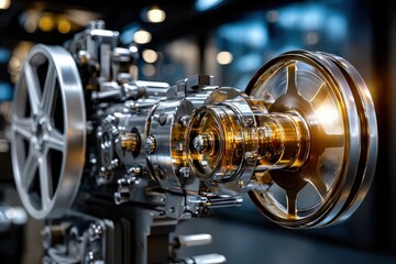 Close-up view of intricate mechanical components in industrial environment at night