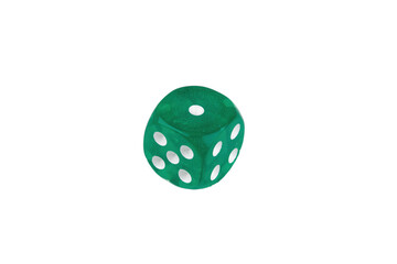 Close-up of a single genuine used green colored semi-transparent dice
