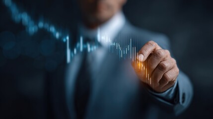 Navigating Economic Tides: A sharp suited individual traces digital chart with a blend of innovation and strategic insight, a dynamic illustration of market analysis and financial planning