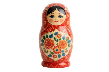 Red Russian nesting doll, floral design, white background, souvenir